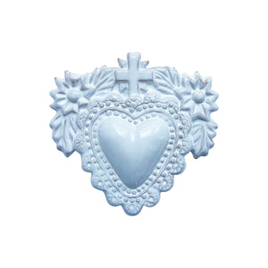 Sacro cuore con croce e fiori in ceramica smaltata