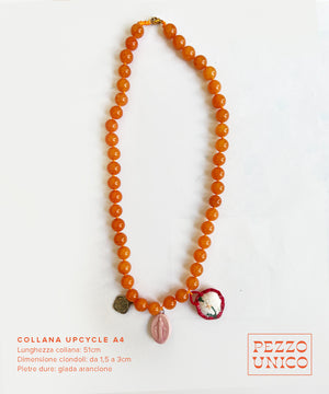 Collana "UPcycle" pietre dure arancioni, ceramica e ciondoli ricamati