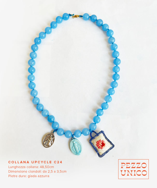 Collana "UPcycle" pietre dure azzurre, ceramica e ciondoli ricamati