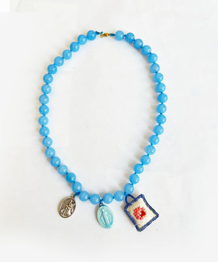 Collana "UPcycle" pietre dure azzurre, ceramica e ciondoli ricamati