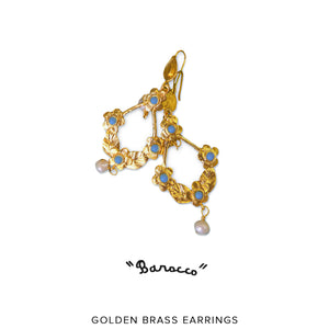 Orecchini "Barocco" in ottone oro, perle e turchesi