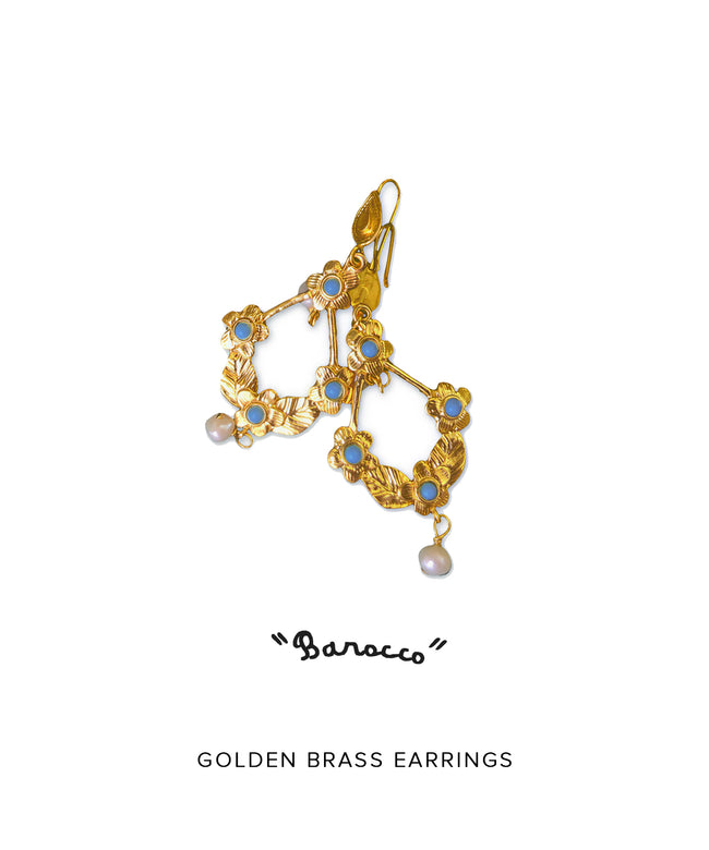 Orecchini "Barocco" in ottone oro, perle e turchesi