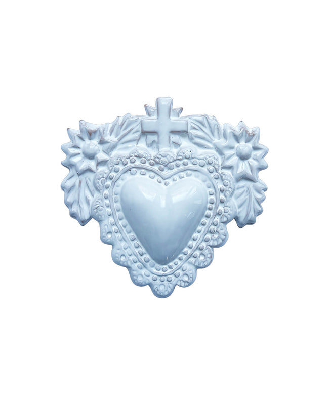 Sacro cuore con croce e fiori in ceramica smaltata